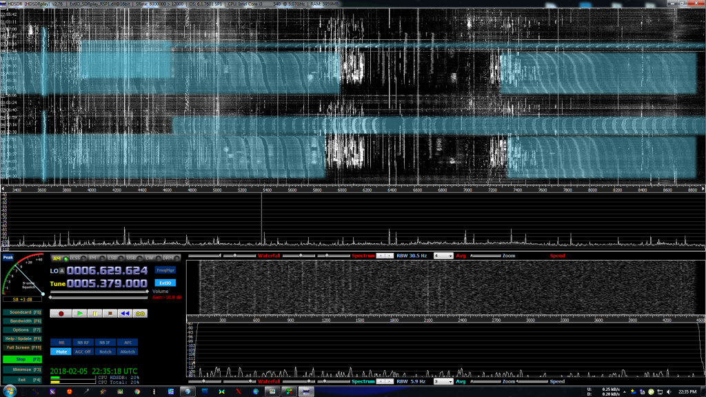 Spectrogram showing RFI across 48 hours of time, and 5 MHz of spectrum.